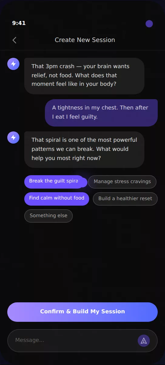 Hypnova chat screen where the AI asks about what you want to work on